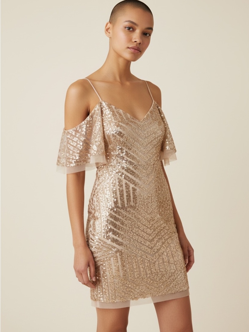 Vince Camuto Champagne Sequin Cold-Shoulder Mini Dress 8